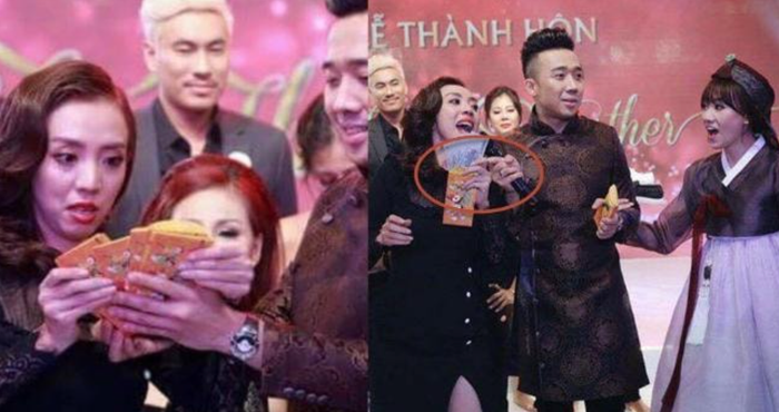 Thu Trang bốc trúng phong bì 2 triệu đồng trong đám cưới của Trấn Thành. Ảnh: Sưu tầm