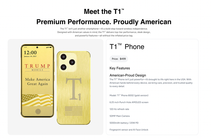 Các thông tin trên trang Trump Mobile về T1 gần như rất mơ hồ. (Ảnh: Trump Mobile website)