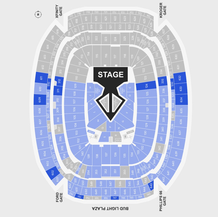 Sơ đồ chỗ ngồi NRG Stadium cho sự kiện ra vào 28-29/6, được lấy từ trang Ticketmaster.