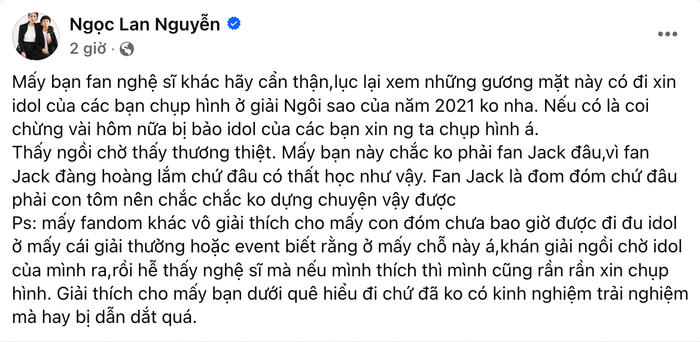 Dòng status của diễn viên Ngọc Lan đang nhận được nhiều sự quan tâm. (Ảnh: chụp màn hình)